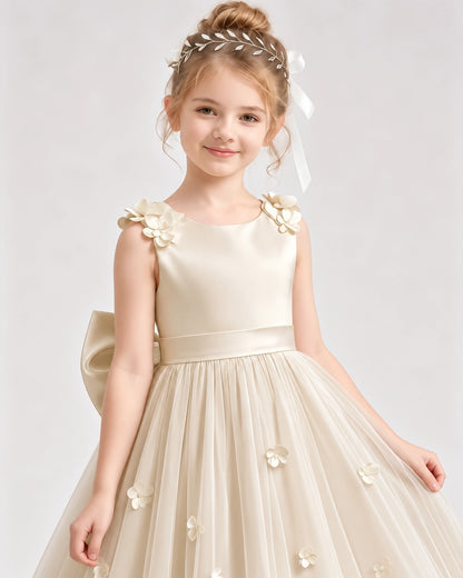 Champagne Tulle A-line Flower Girl Dress Front View