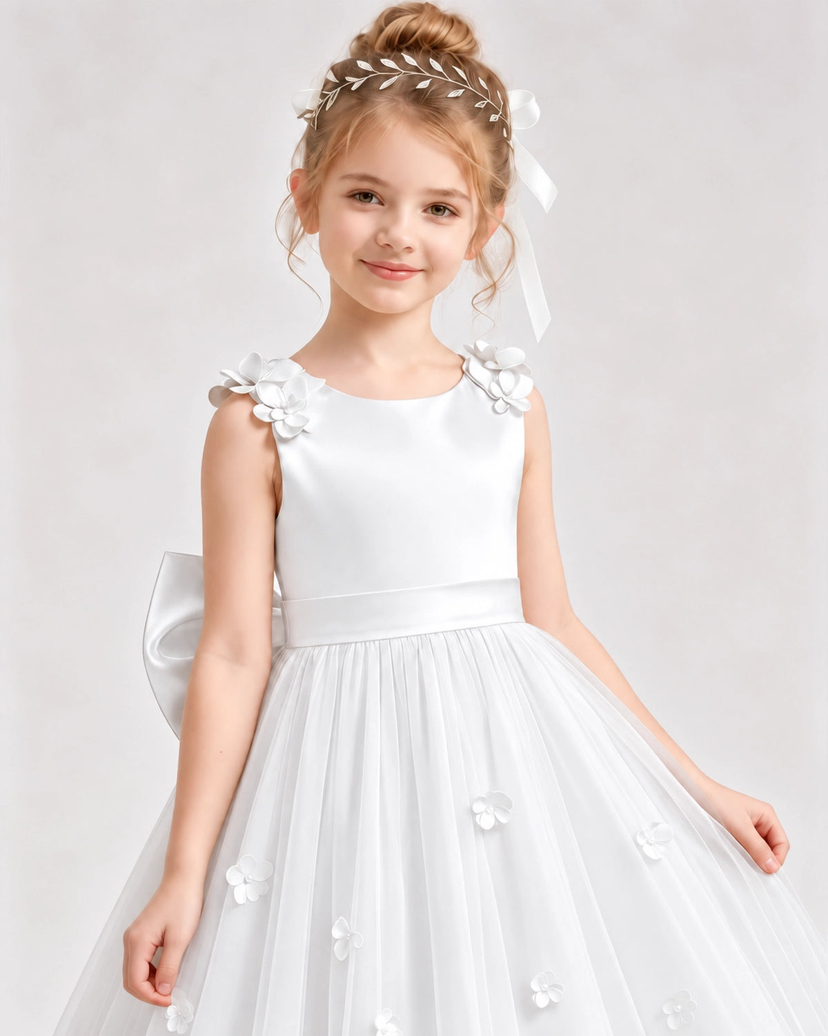Ivory Tulle A-line Flower Girl Dress Front View