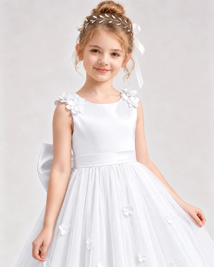 White Tulle A-line Flower Girl Dress Front View