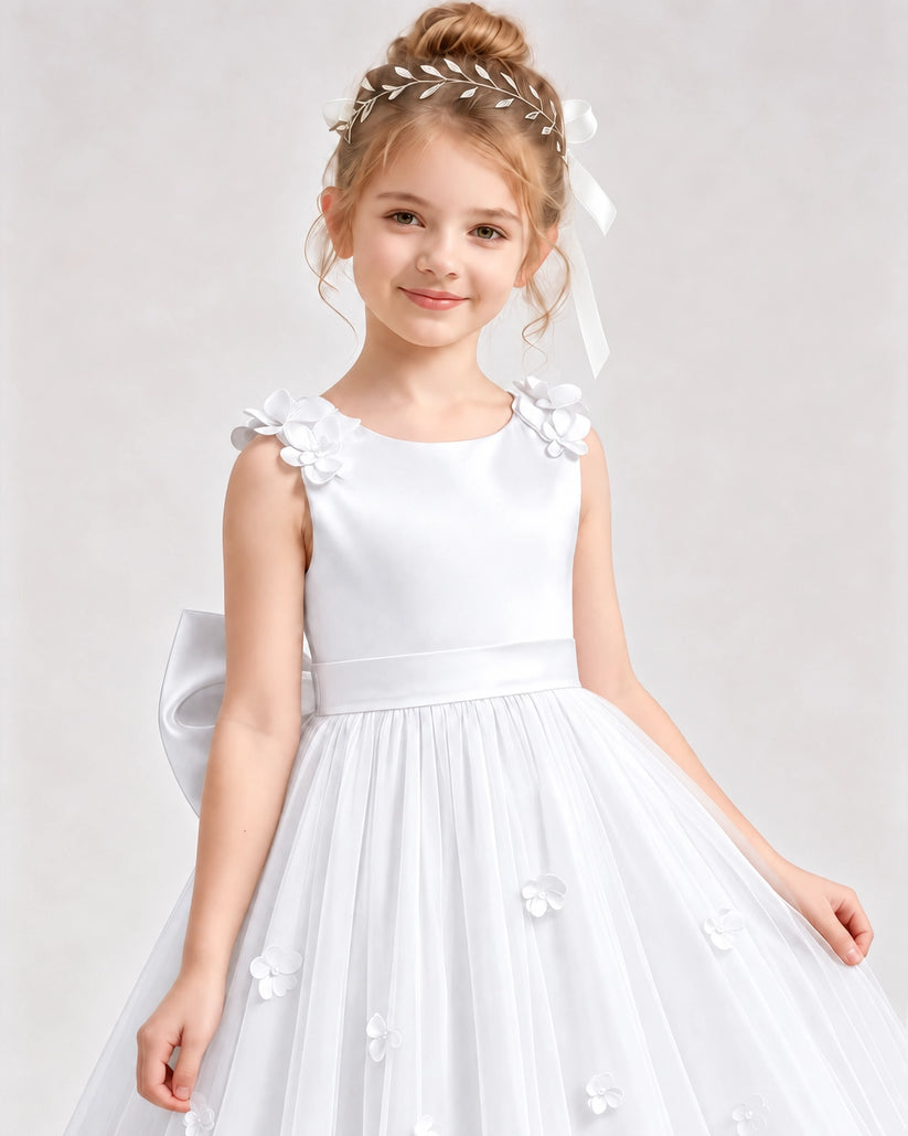 White Tulle A-line Flower Girl Dress Front View
