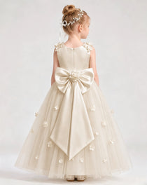 Dideyttawl White Flower Girl Dress Sleeveless 3D Floral Satin & Tulle Ball Gown