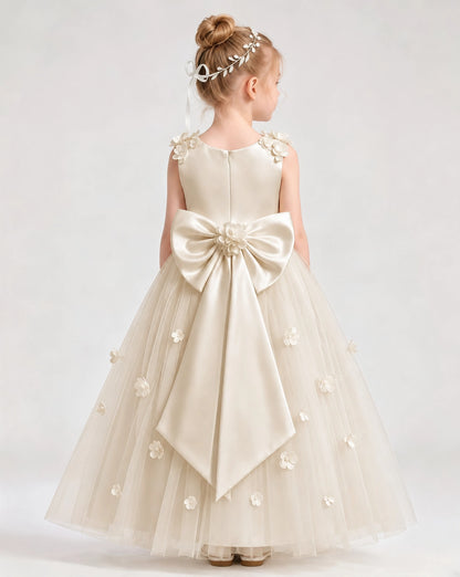 Dideyttawl White Flower Girl Dress | Sleeveless 3D Floral Satin & Tulle Ball Gown