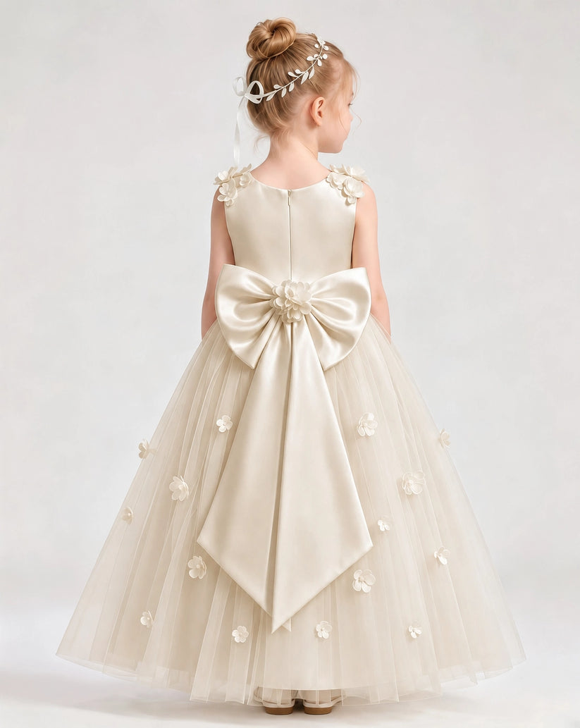 Champagne Tulle A-line Flower Girl Dress Back View