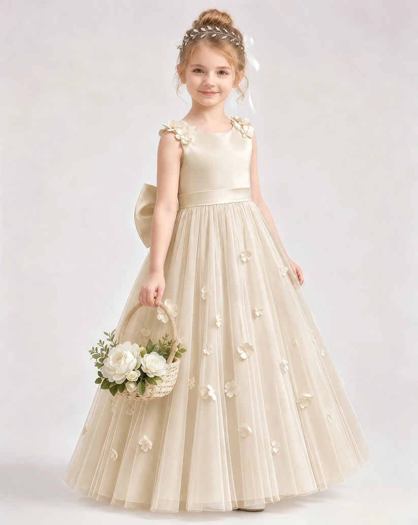 Champagne Tulle A-line Flower Girl Dress Front View