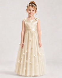 Dideyttawl White Flower Girl Dress Sleeveless 3D Floral Satin & Tulle Ball Gown