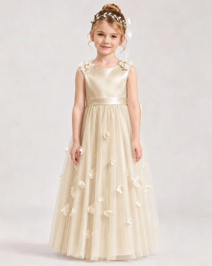 Dideyttawl White Flower Girl Dress | Sleeveless 3D Floral Satin & Tulle Ball Gown