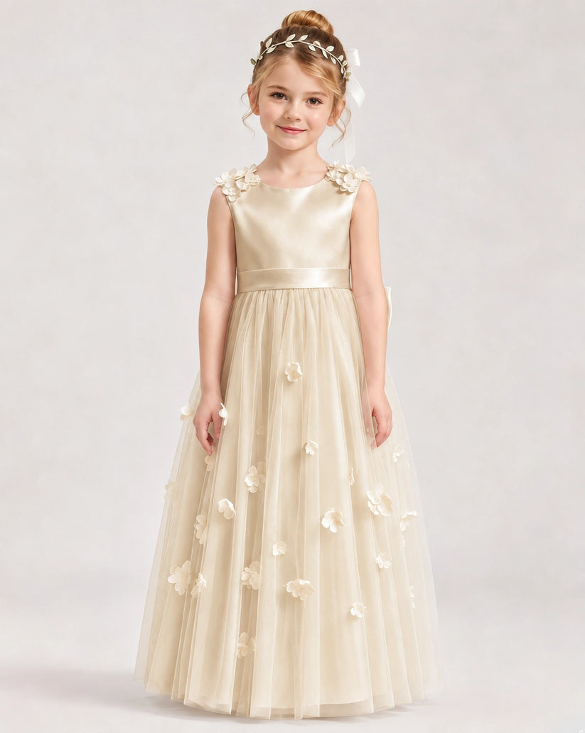 Champagne Tulle A-line Flower Girl Dress Front View