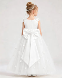 Dideyttawl White Flower Girl Dress Sleeveless 3D Floral Satin & Tulle Ball Gown