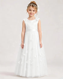 Dideyttawl White Flower Girl Dress Sleeveless 3D Floral Satin & Tulle Ball Gown