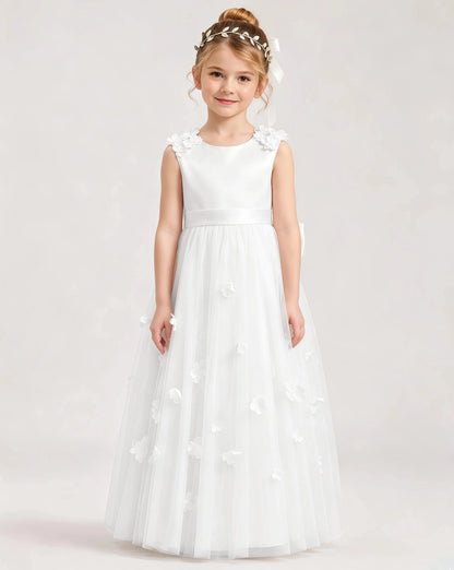 Dideyttawl White Flower Girl Dress | Sleeveless 3D Floral Satin & Tulle Ball Gown