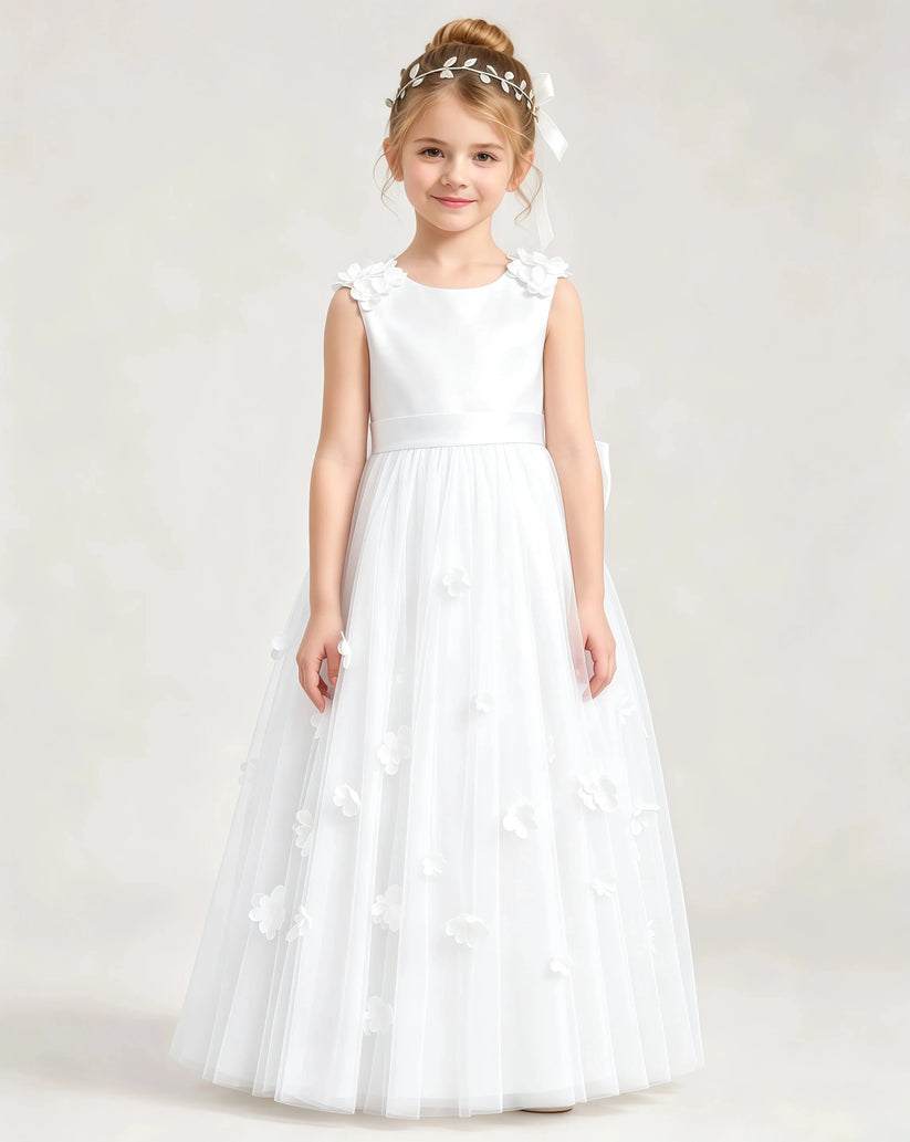 White Tulle A-line Flower Girl Dress Front View