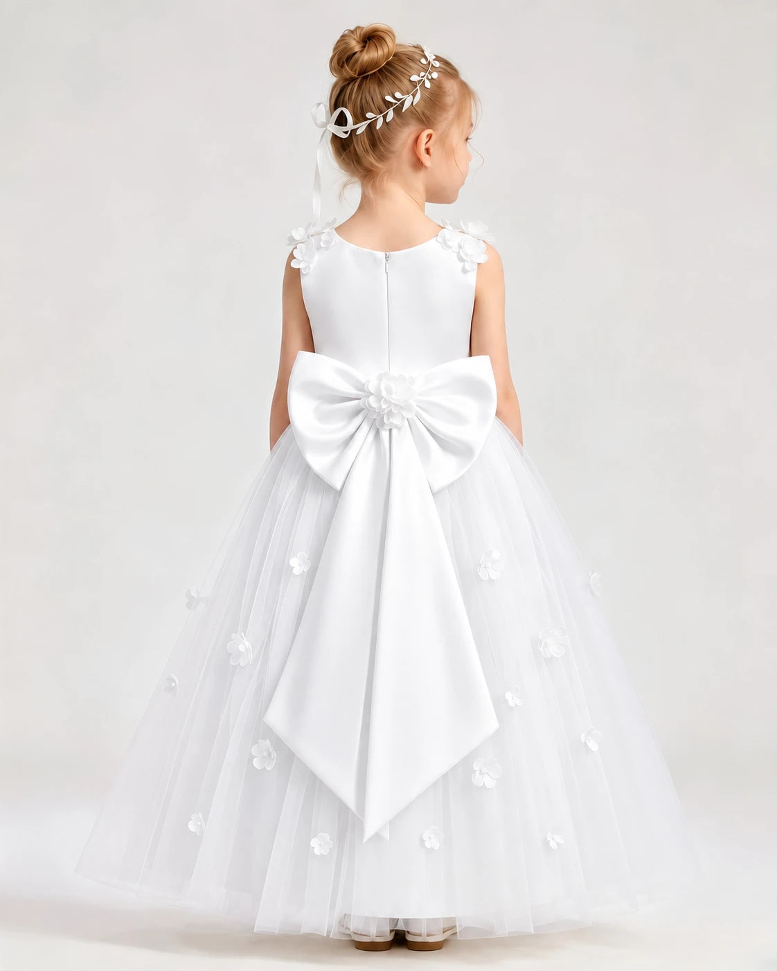 Dideyttawl White Flower Girl Dress | Sleeveless 3D Floral Satin & Tulle Ball Gown