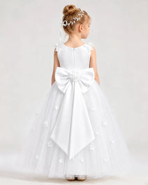 Dideyttawl White Flower Girl Dress Sleeveless 3D Floral Satin & Tulle Ball Gown