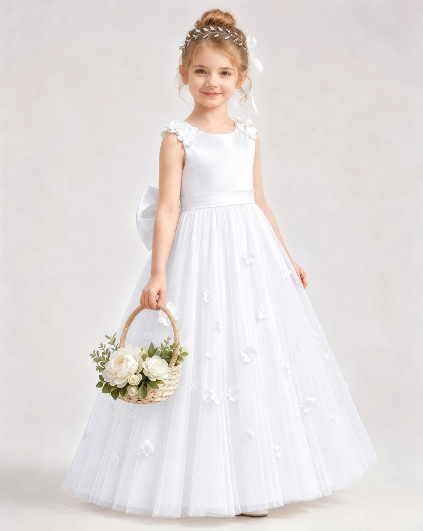 White Tulle A-line Flower Girl Dress Front View