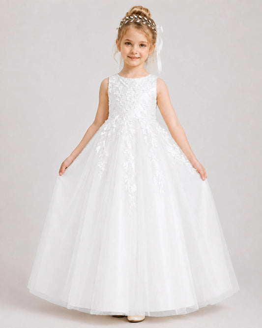 Ivory Tulle A-line Flower Girl Dress Front View