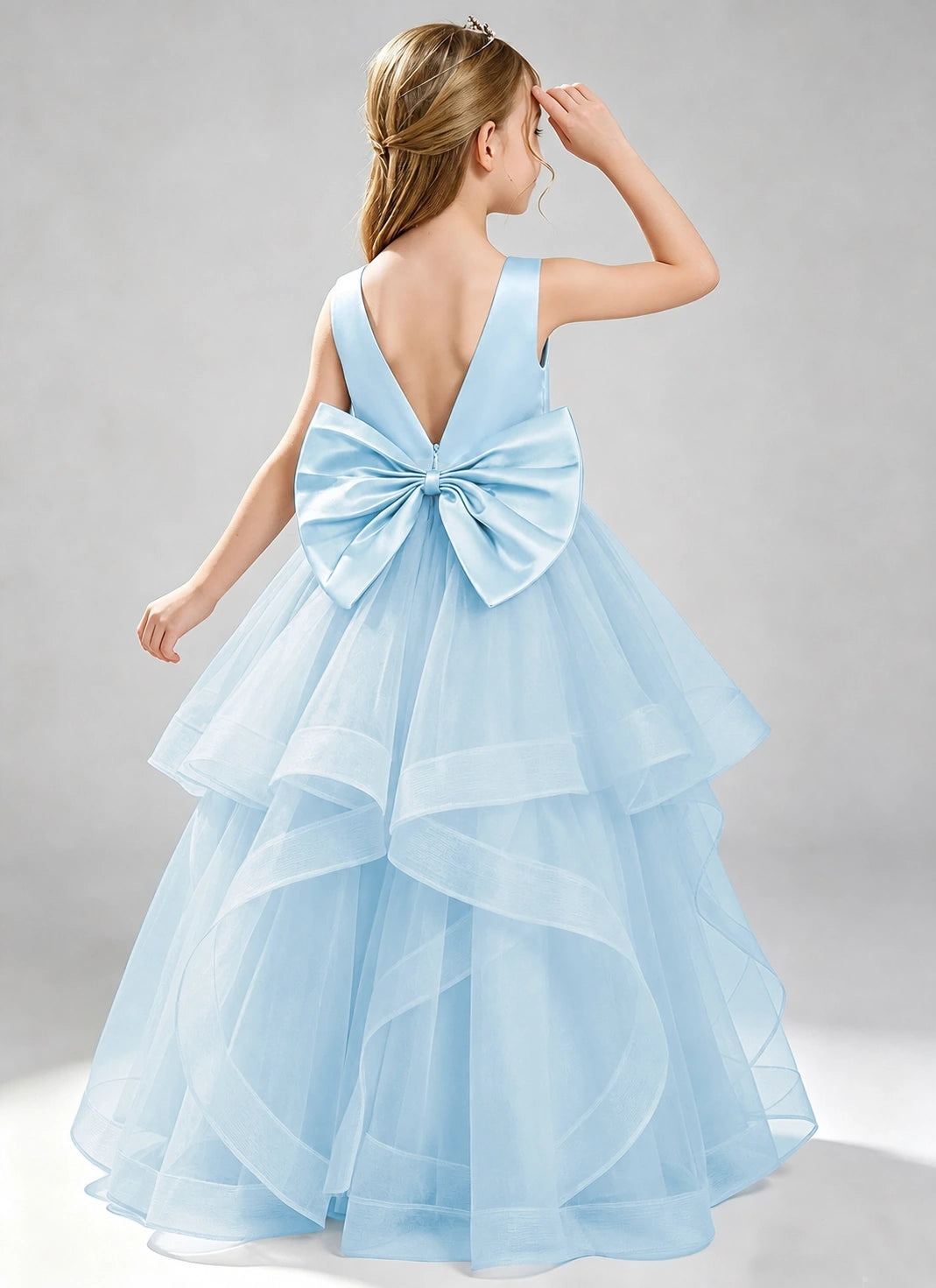 Baby Blue Flower Girl Dress Layered Tulle Princess Ball Gown Back View