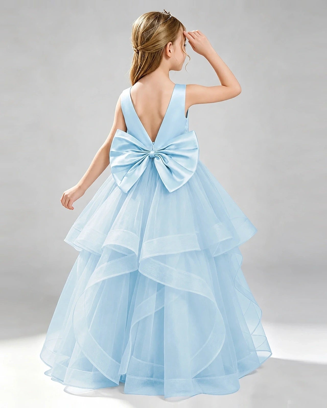 Baby Blue Tulle Ball Gown Pageant Dress Back View