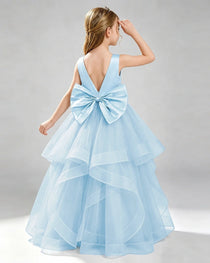 Baby Blue Pageant Dress Sleeveless Rhinestone Belt Layered Tulle Princess Gown Back View