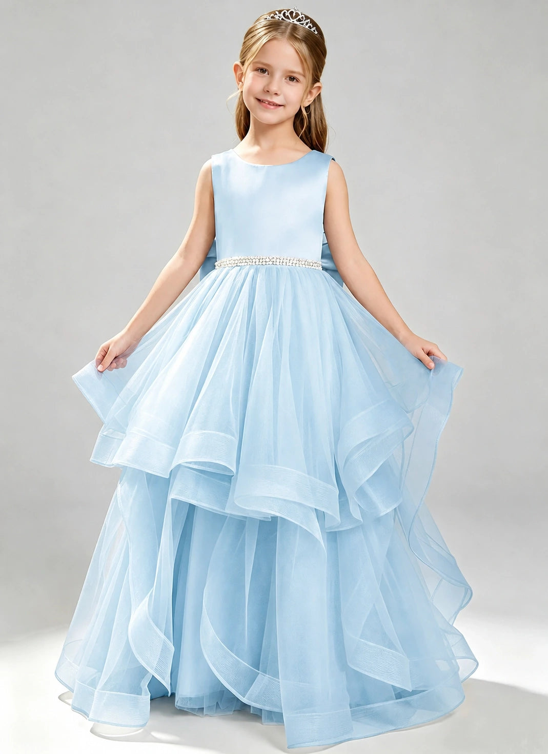 Baby Blue Flower Girl Dress Layered Tulle Princess Ball Gown Front View