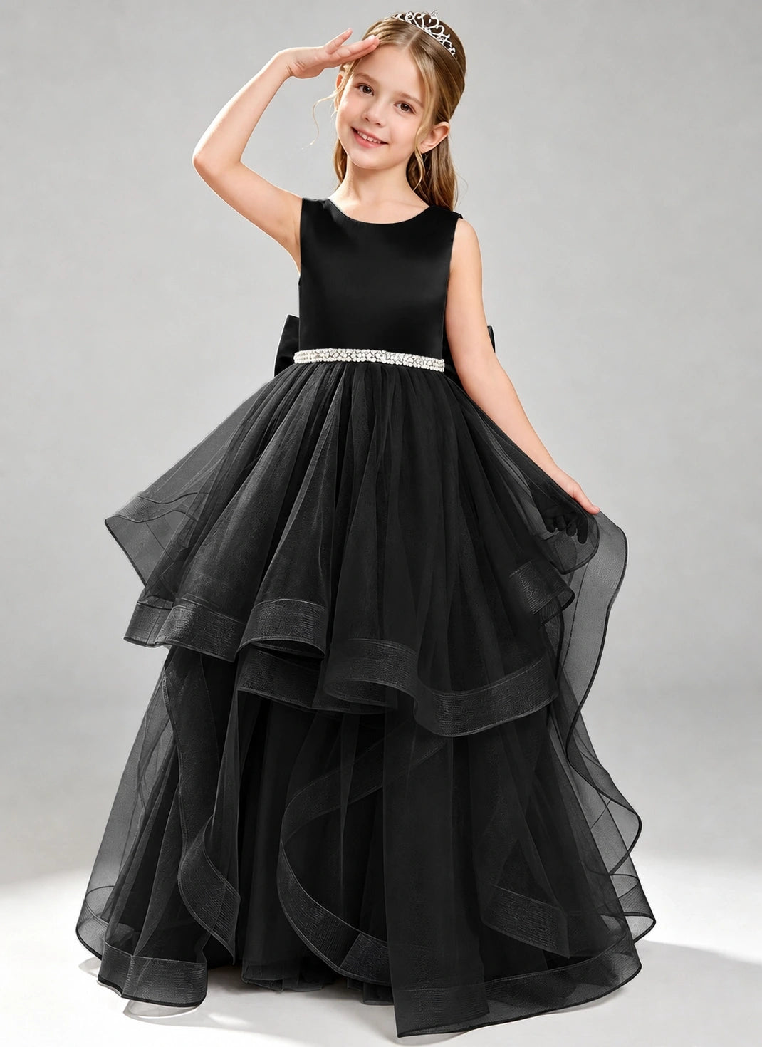 Black Flower Girl Dress Layered Tulle Princess Ball Gown Front View