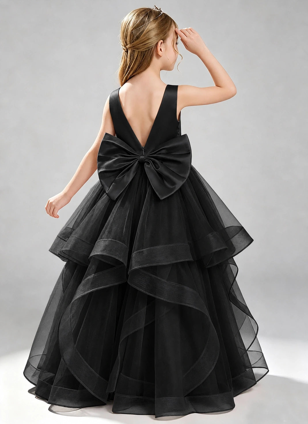 Black Flower Girl Dress Layered Tulle Princess Ball Gown Back View