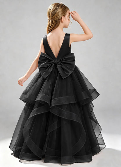Black Flower Girl Dress Layered Tulle Princess Ball Gown Back View
