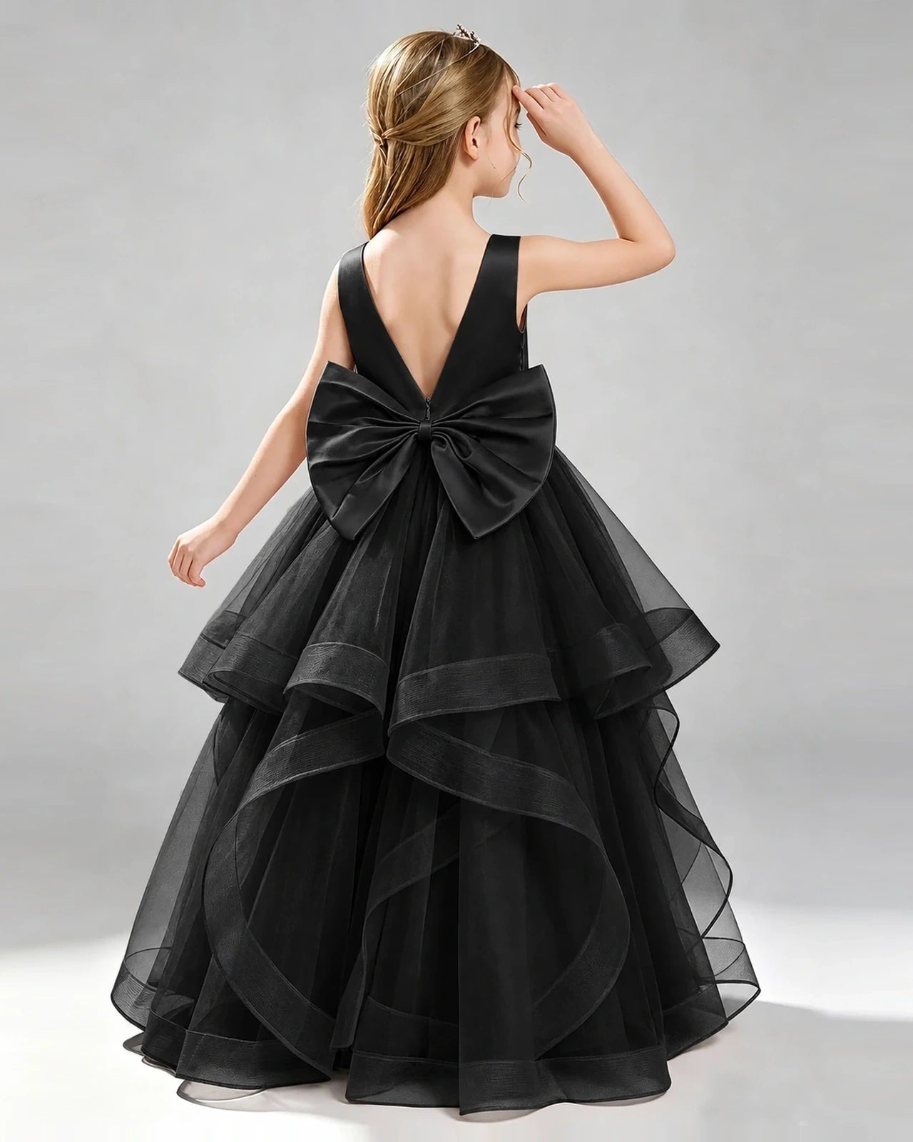 Black Tulle Ball Gown Pageant Dress Back View