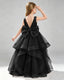 Black Pageant Dress Sleeveless Rhinestone Belt Layered Tulle Princess Gown Back View