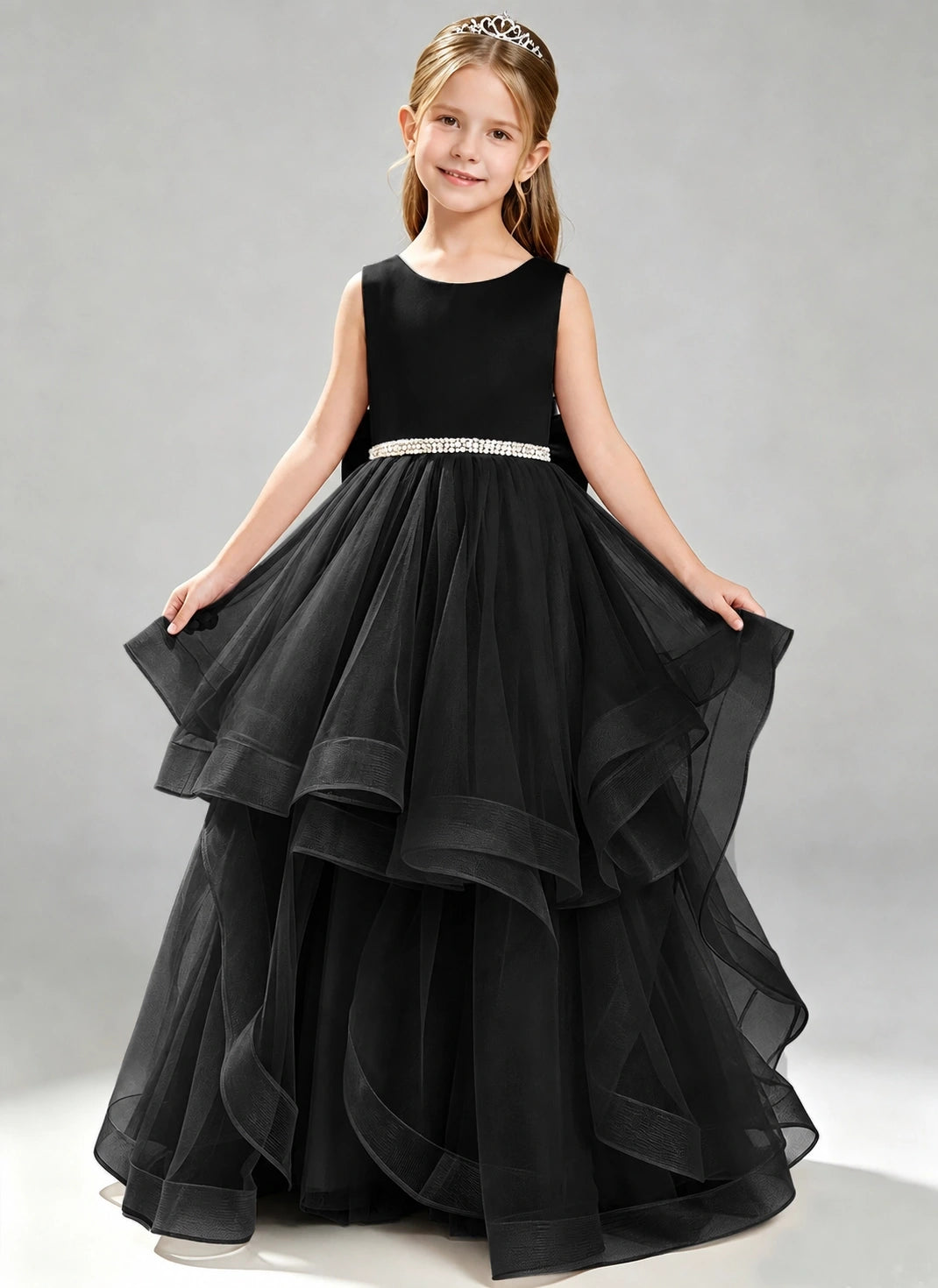Black Flower Girl Dress Layered Tulle Princess Ball Gown Front View