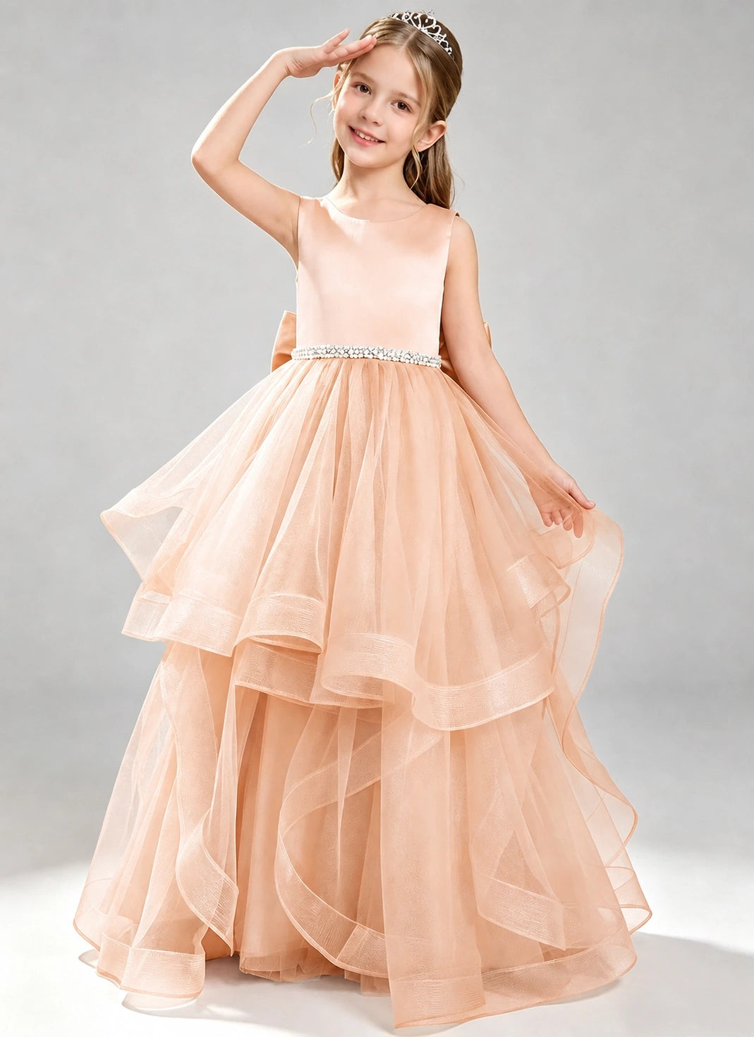 Blush Pink Flower Girl Dress Layered Tulle Princess Ball Gown Front View
