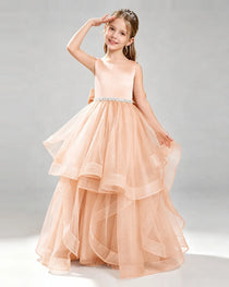 Blush Pink Pageant Dress Sleeveless Rhinestone Belt Layered Tulle Princess Gown Front View