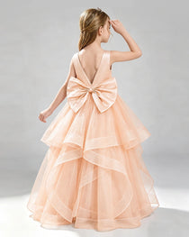 Blush Pink Pageant Dress Sleeveless Rhinestone Belt Layered Tulle Princess Gown Back View