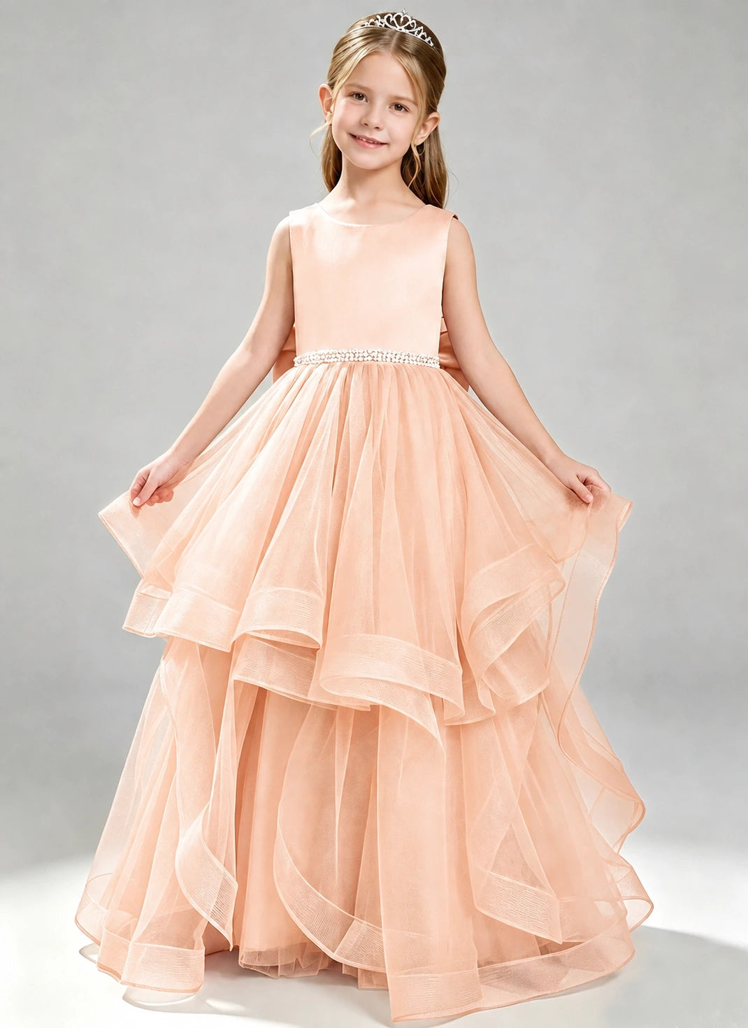 Blush Pink Flower Girl Dress Layered Tulle Princess Ball Gown Front View