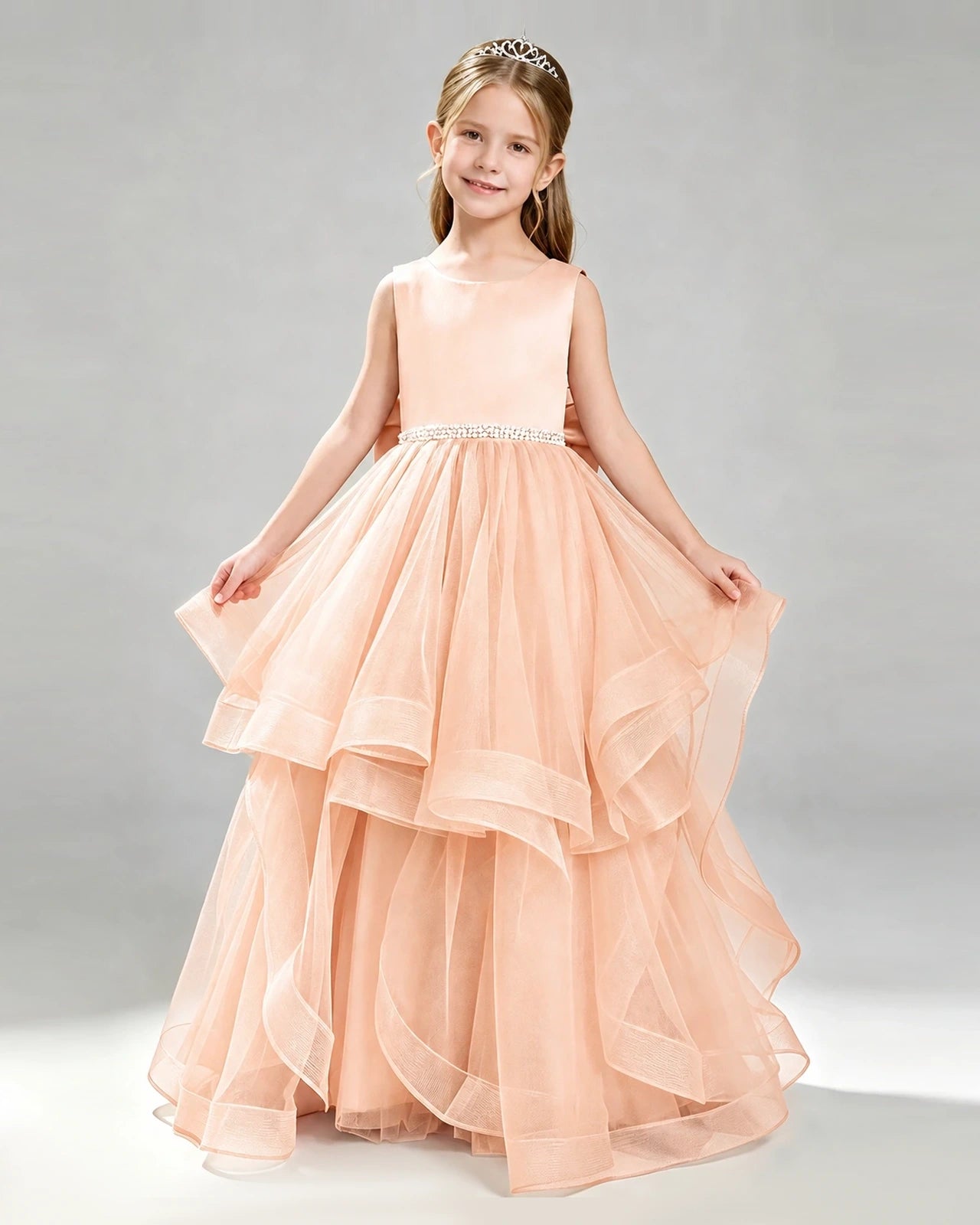 Blush Pink Tulle Ball Gown Pageant Dress Front View