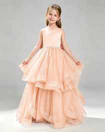 Blush Pink Pageant Dress Sleeveless Rhinestone Belt Layered Tulle Princess Gown Front View
