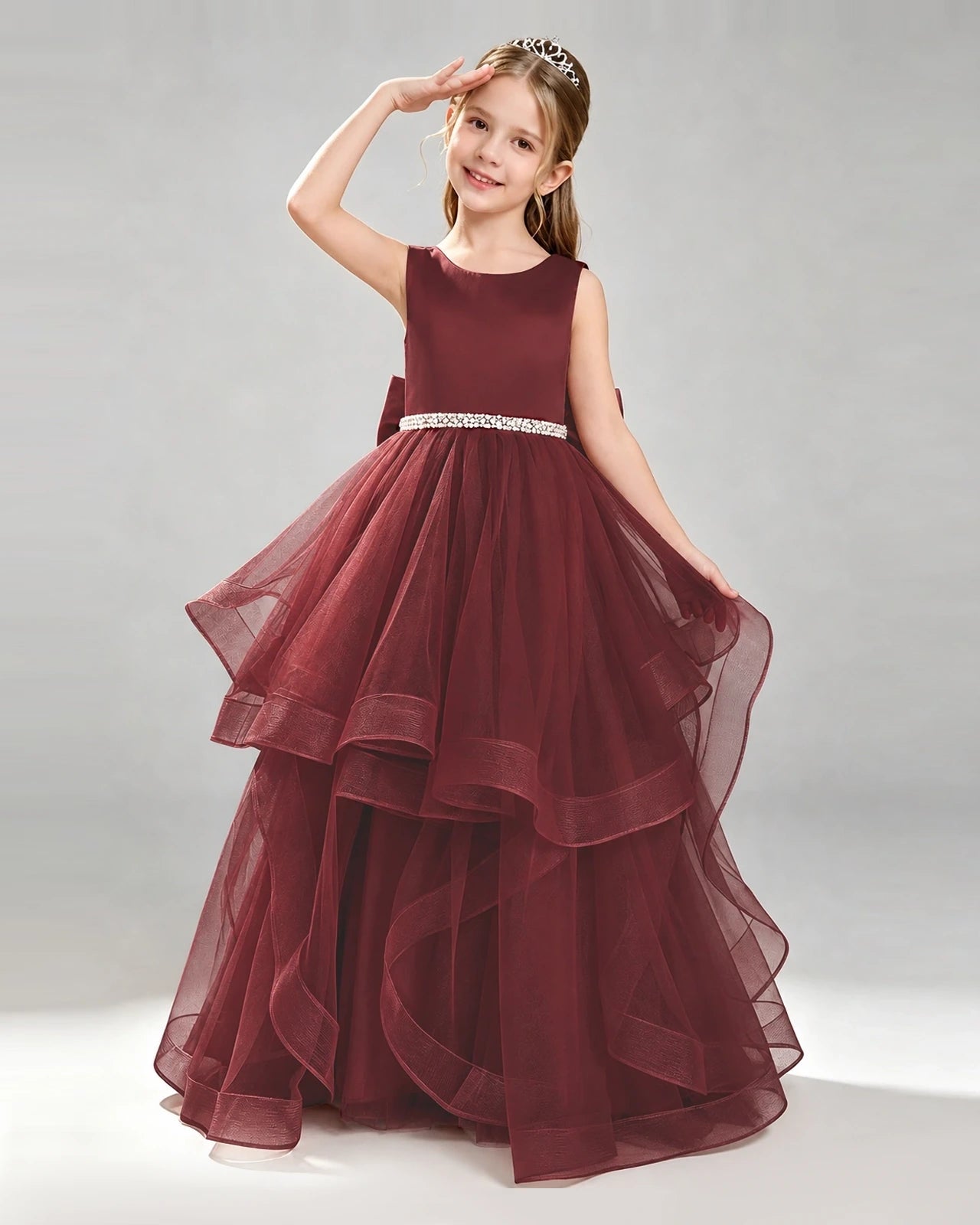 Burgundy Tulle Ball Gown Pageant Dress Front View