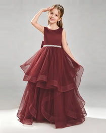 Burgundy Pageant Dress Sleeveless Rhinestone Belt Layered Tulle Princess Gown Front View