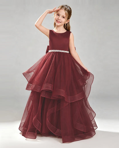 Burgundy Tulle Ball Gown Pageant Dress Front View