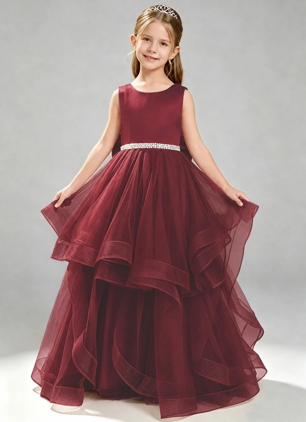 Burgundy Flower Girl Dress Layered Tulle Princess Ball Gown Front View