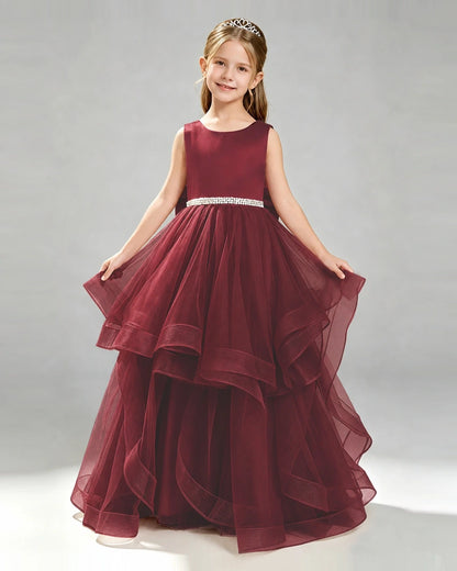 Burgundy Tulle Ball Gown Pageant Dress Front View