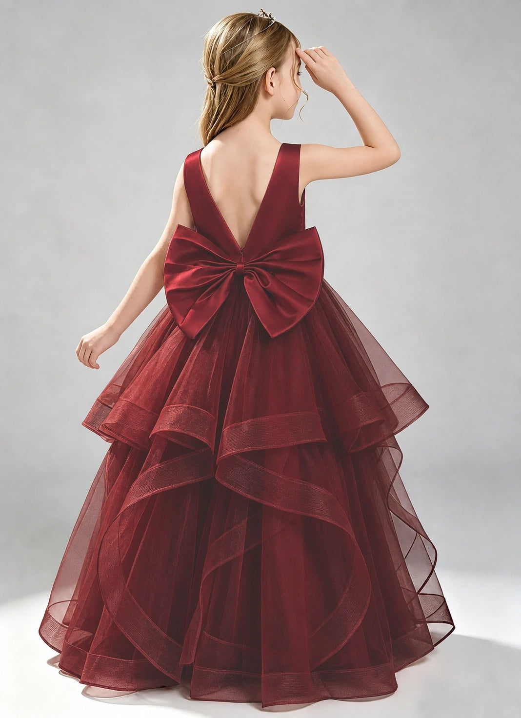 Burgundy Flower Girl Dress Layered Tulle Princess Ball Gown Back View
