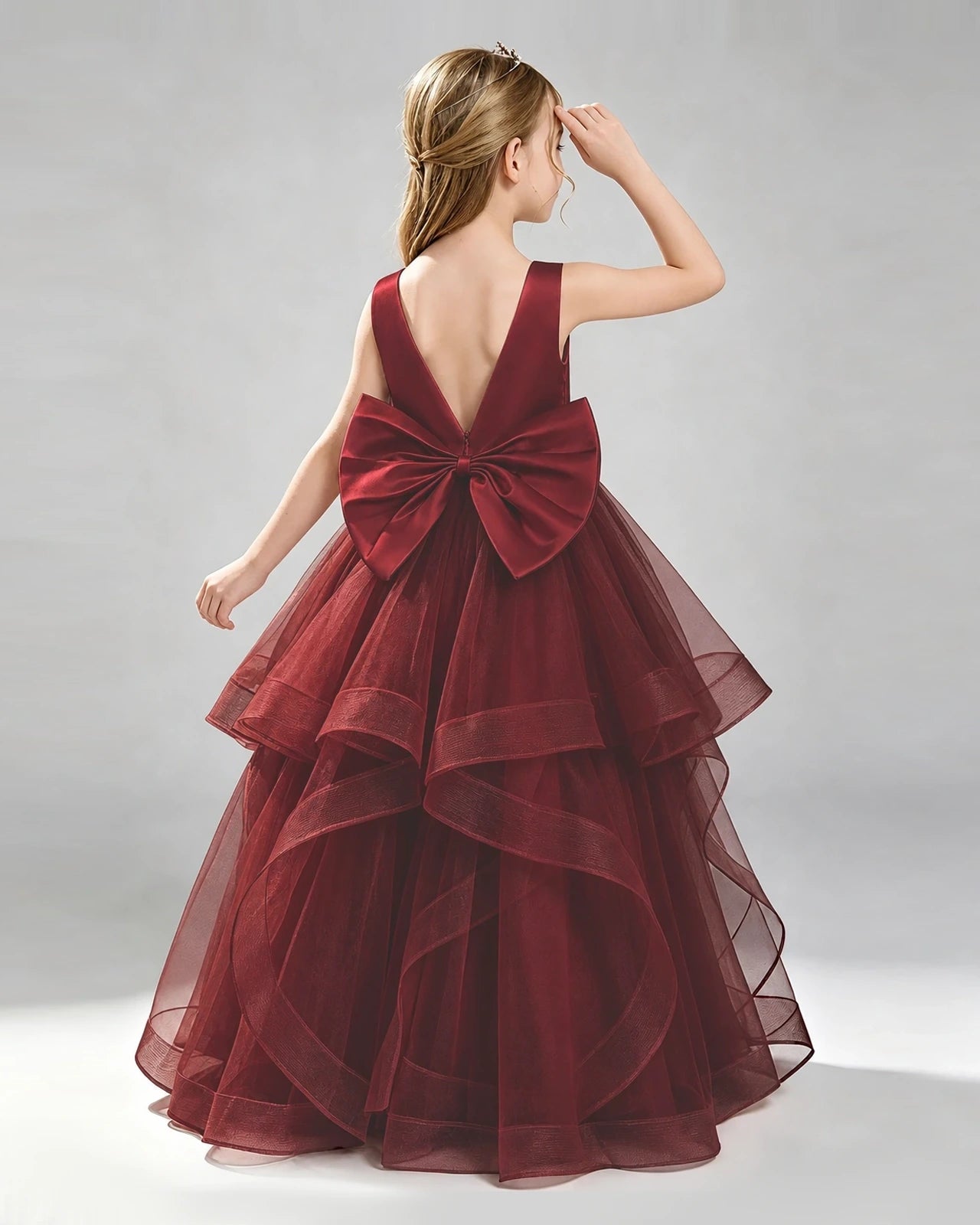 Burgundy Tulle Ball Gown Pageant Dress Back View