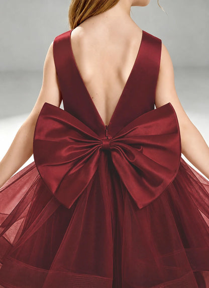 Burgundy Flower Girl Dress Layered Tulle Princess Ball Gown Detail View