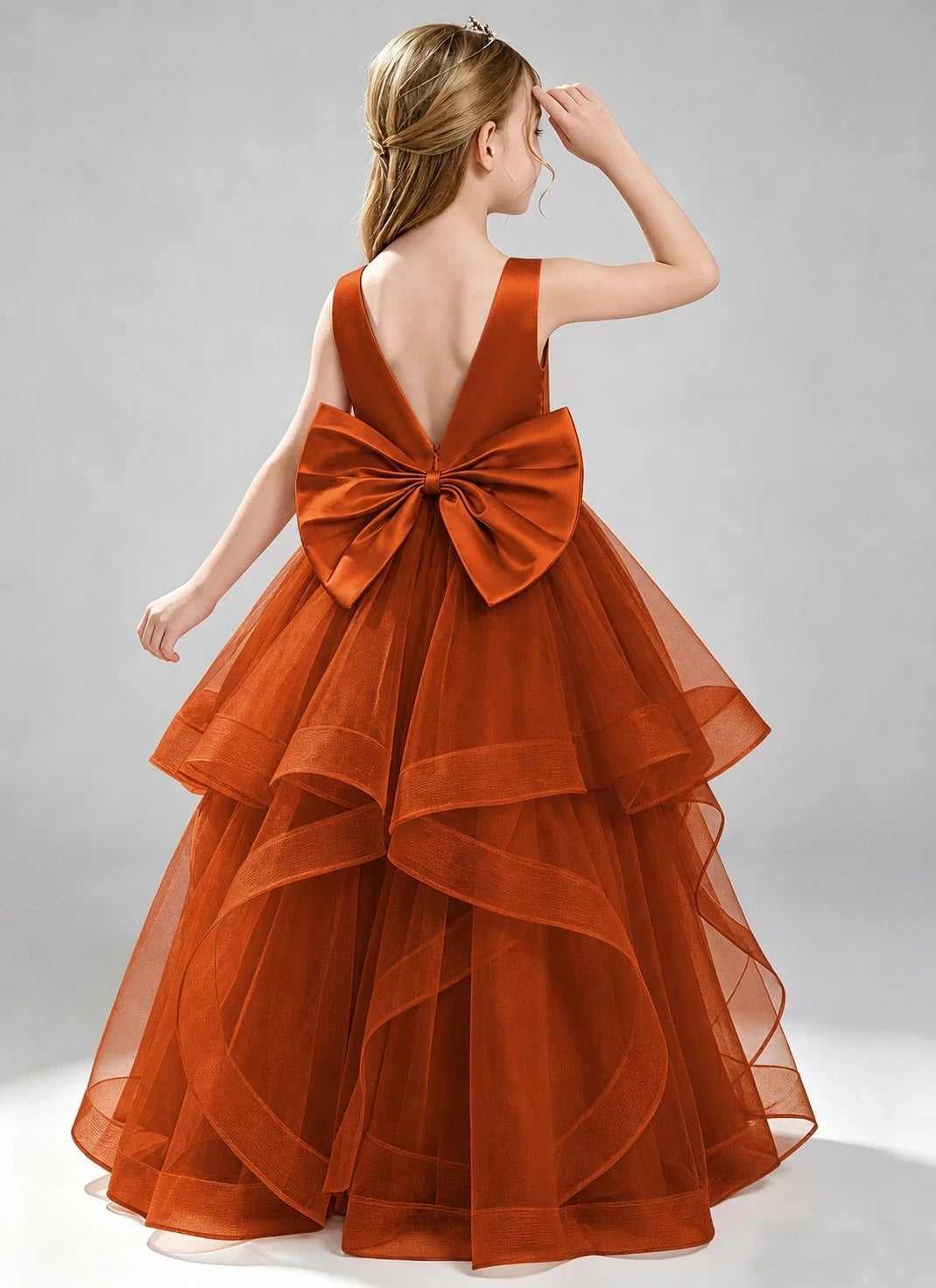Burnt Orange Flower Girl Dress Layered Tulle Princess Ball Gown Back View