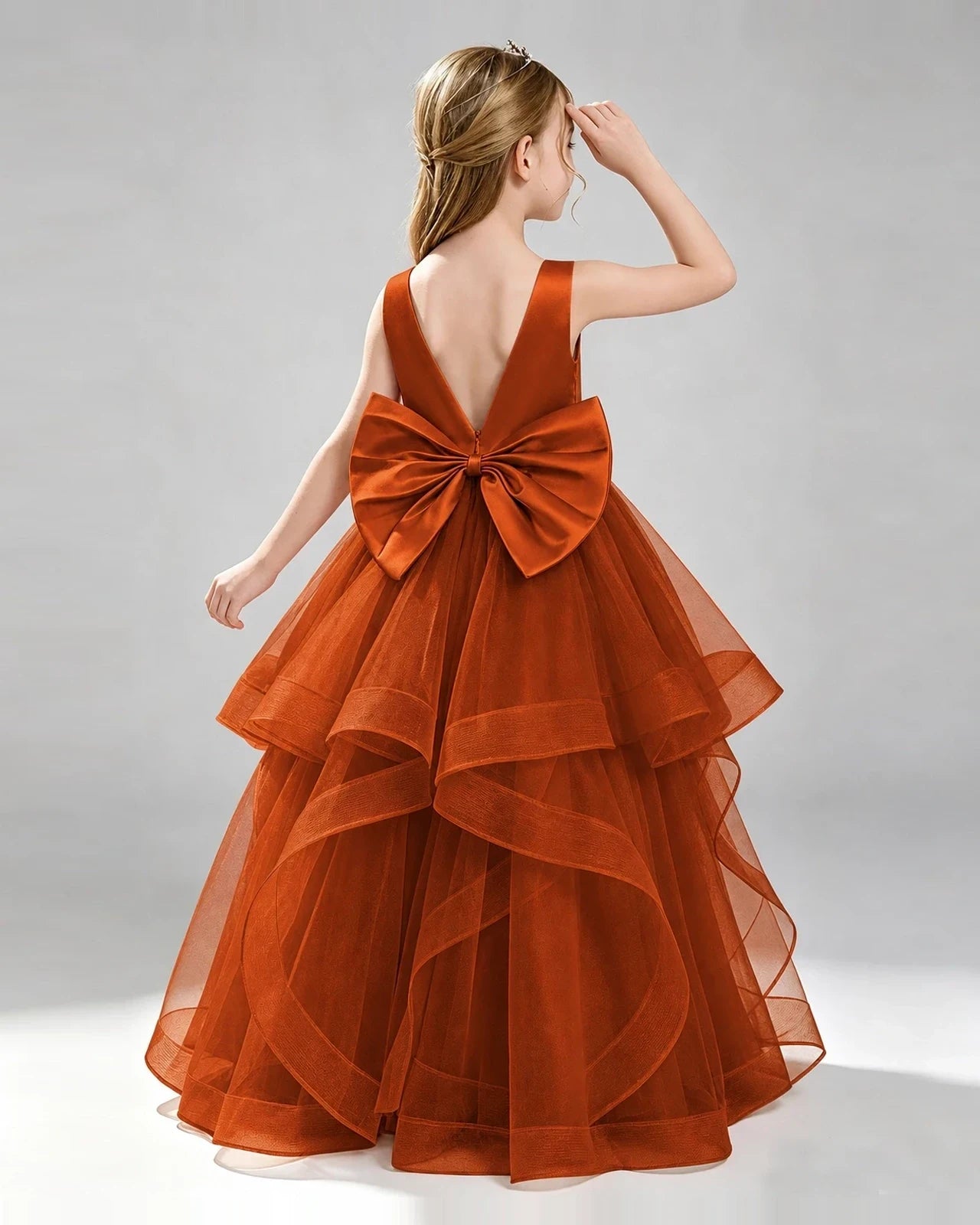 Burnt Orange Tulle Ball Gown Pageant Dress Back View