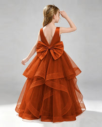 Burnt Orange Pageant Dress Sleeveless Rhinestone Belt Layered Tulle Princess Gown Back View