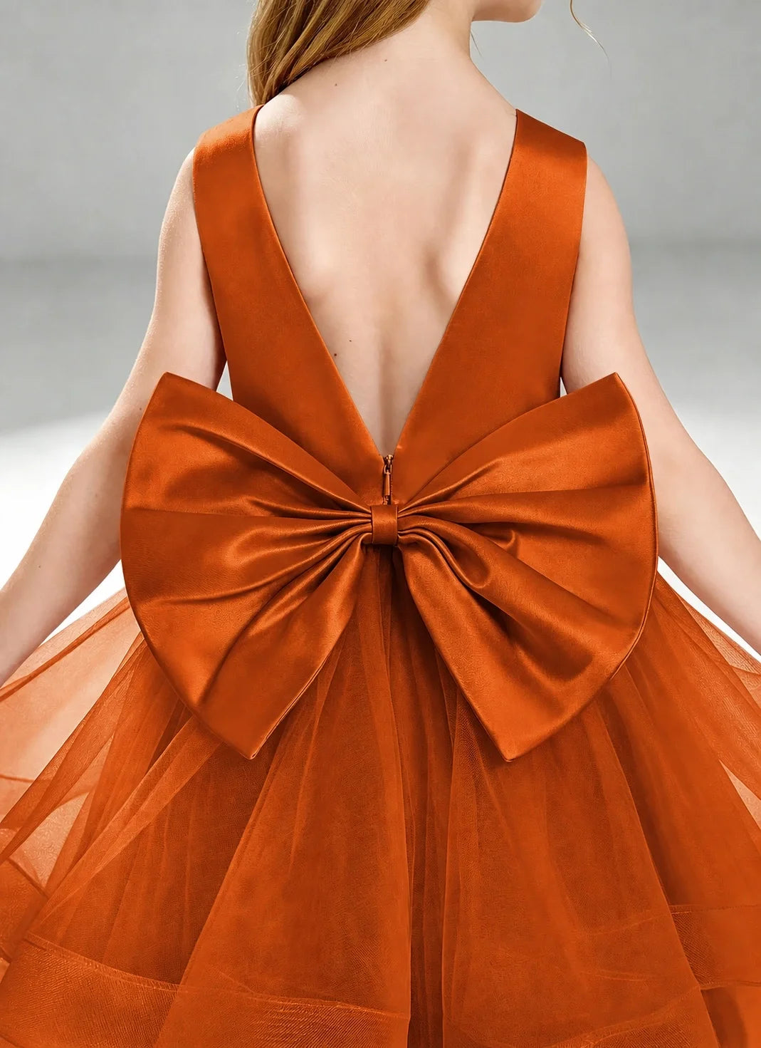 Burnt Orange Flower Girl Dress Layered Tulle Princess Ball Gown Detail View