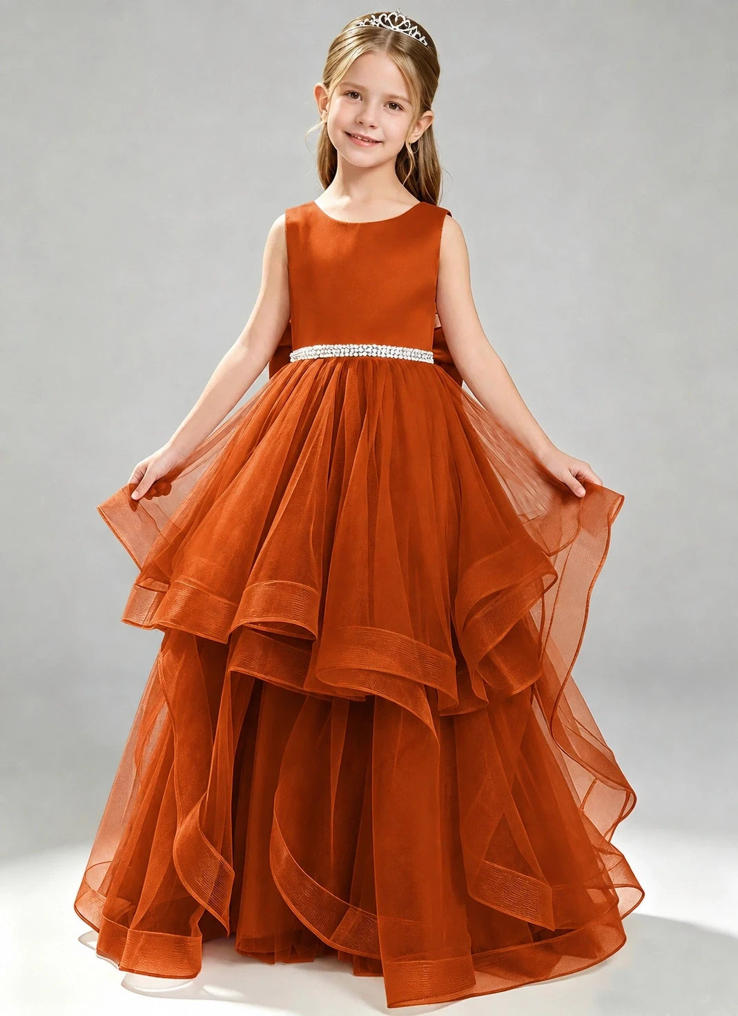 Burnt Orange Flower Girl Dress Layered Tulle Princess Ball Gown Front View