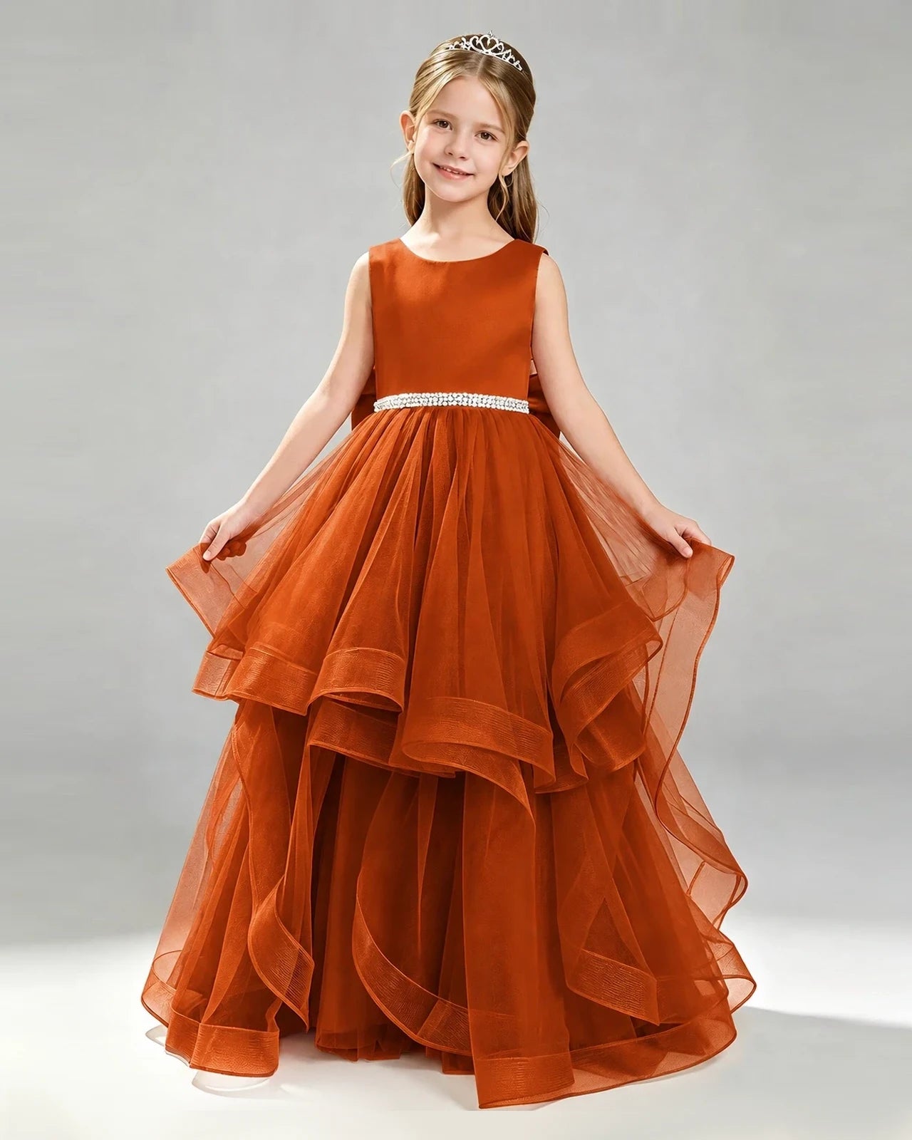 Burnt Orange Tulle Ball Gown Pageant Dress Front View