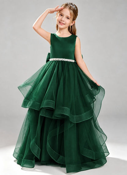 Dark Green Flower Girl Dress Layered Tulle Princess Ball Gown Front View